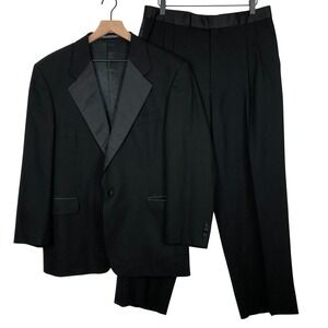 FENZIA 100% Wool 2 Piece Tuxedo Suit Peak Lapel Sz 40R 34W Black Classic Formal